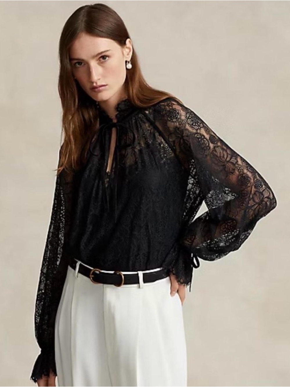 Polo Ralph Lauren Women's Sz 12 Black Sheer Blouson-Sleeve Lace Top